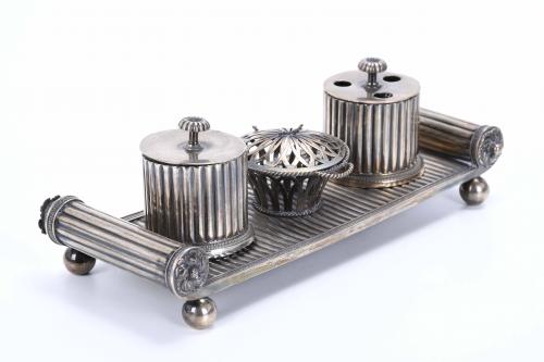 INKSTAND, SET OF THREE INKWELLS AND A TRAY, PROBABLY 19TH C