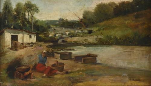 ESCUELA CATALANA, SEGUNDA MITAD DEL SIGLO XIX. SEGUIDOR DE JOSEP ARMET I PORTANELL (1843-1911) "JOVEN JUNTO A UN RÍO".