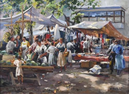 VICENÇ SOLÉ JORBA (1904-1949). "MERCADO DE PUEBLO", 1940.