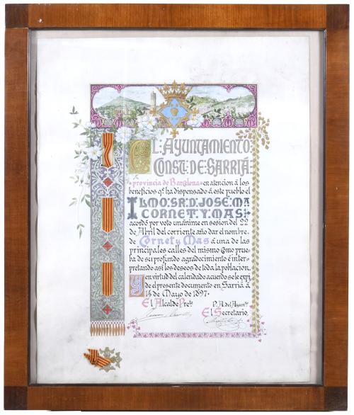 FRANCESC FLOS (1859-1929). "COMMEMORATIVE BORDER OF THE TOWN COUNCIL OF SARRIÀ TO JOSE MARÍA CORNET Y MAS", 1897. 