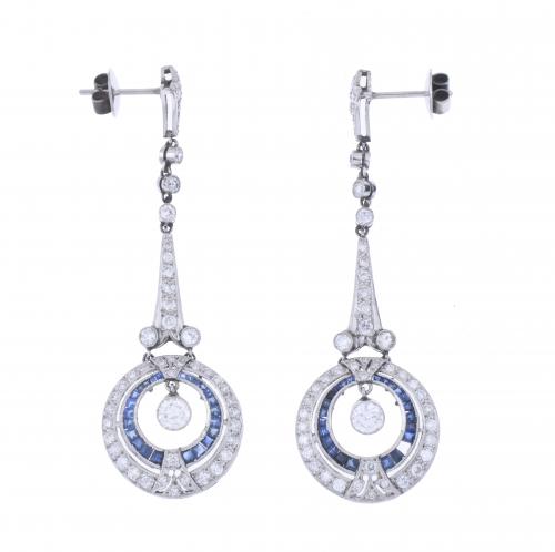 ART DECO STYLE LONG EARRINGS WITH DIAMONDS AND SAPPHIRES.