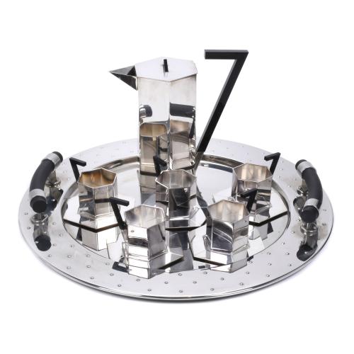 FRENCH BAUHAUS STYLE COFFEE SET AND ALESSI ITALIAN TRAY, FIRST HALF 20TH CENTURY.