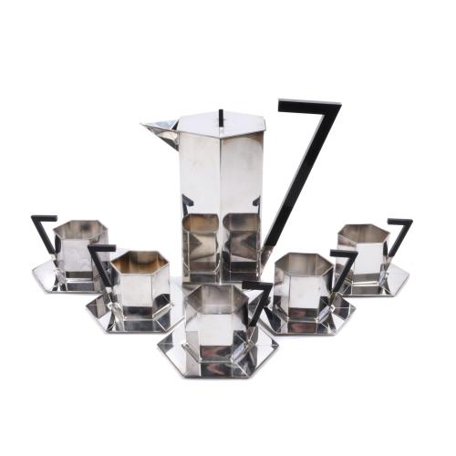 FRENCH BAUHAUS STYLE COFFEE SET AND ALESSI ITALIAN TRAY, FI