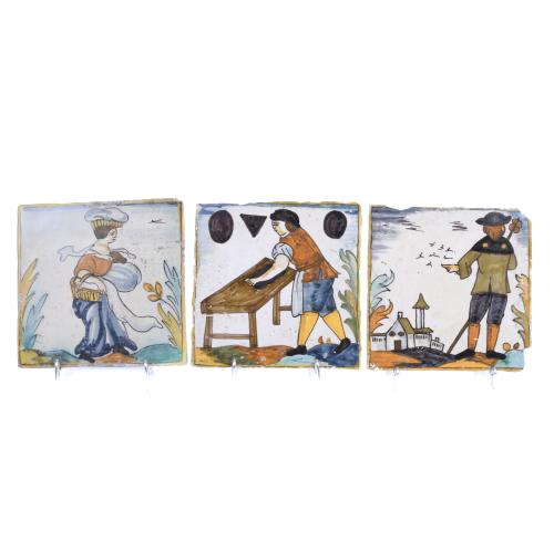 THREE CATALAN "ARTS I OFICIS" TILES, 18TH CENTURY.