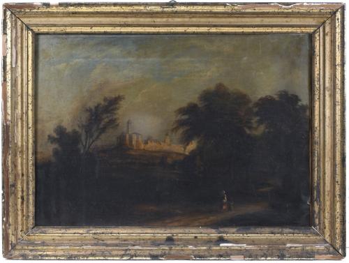 19TH CENTURY SPANISH SCHOOL "LANDSCAPE WITH FIGURES".