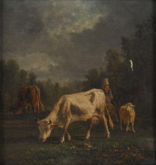 ANTONIO CORTÉS Y AGUILAR (1827-1908). "LANDSCAPE WITH COWS".