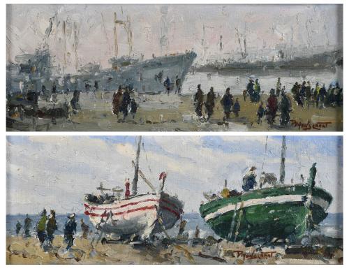 PERE MONTSERRAT (1926). Pair of oil paintings: "DE PASEO, PUERTO DE BARCELONA", 1977, "LA BARCA VERDE, SANT POL", 1977.