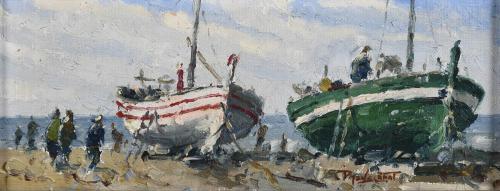 PERE MONTSERRAT (1926). Pair of oil paintings: "DE PASEO, P