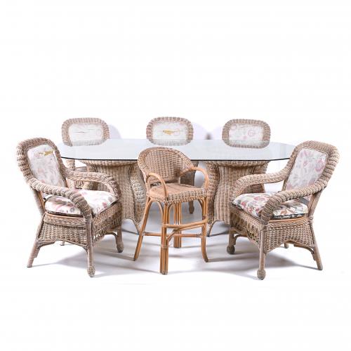 SPANISH TABLE SET, SIX ARMCHAIRS AND HIGH CHAIR, MID 20TH CENTURY.