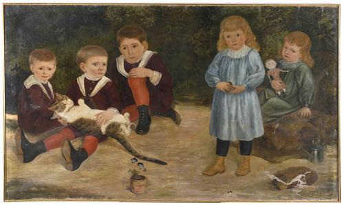 20TH CENTURY SPANISH SCHOOL. "CHILDREN AND CAT".