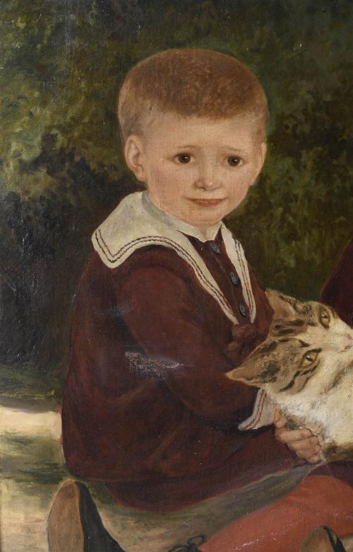 20TH CENTURY SPANISH SCHOOL. "CHILDREN AND CAT".