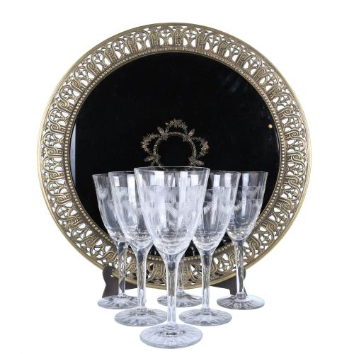 SET OF SIX ART DECO GOBLETS AND ART NOUVEAU TRAY, FIRST HALF OF THE 20TH CENTURY.