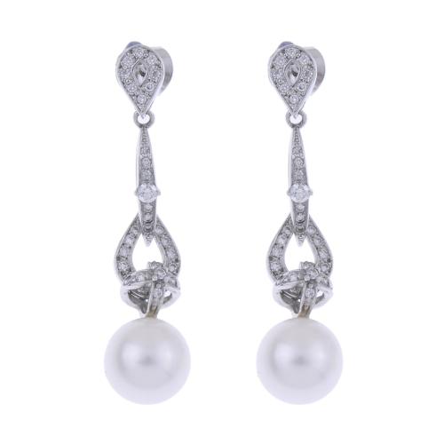 WHITE GOLD, DIAMONDS AND PEARL LONG EARRINGS.