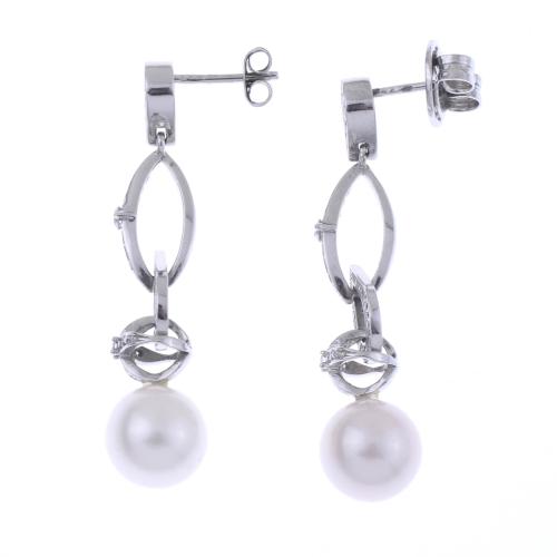 WHITE GOLD, DIAMONDS AND PEARL LONG EARRINGS.