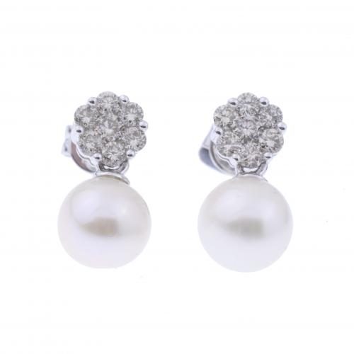 PENDIENTES TÚ Y YO EN ORO BLANCO, DIAMANTES Y PERLAS.