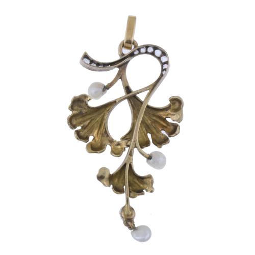 ART NOUVEAU STYLE PENDANT WITH DIAMONDS, PEARL AND ENAMEL.