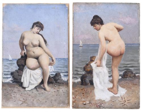 ATTRIBUTED TO GUILLERMO GÓMEZ GIL (1862-1942) AND ACCORDING TO EUSEBIO PLANAS (1833-1897). "FEMALE NUDES IN FRONT OF THE SEA".