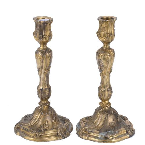 PAIR OF FRENCH GILT SILVER CANDLESTICKS, LOUIS XV STYLE, 19