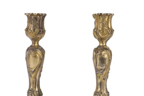 PAIR OF FRENCH GILT SILVER CANDLESTICKS, LOUIS XV STYLE, 19