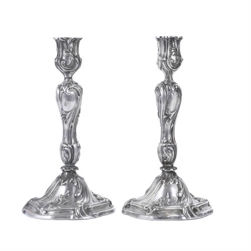 PAIR OF LOUIS XV STYLE SILVER CANDLESTICKS, PROBABLY FROM B
