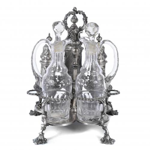 ENGLISH GEORGE III-STYLE LARGE CRUETS AND SPICE JARS STAND