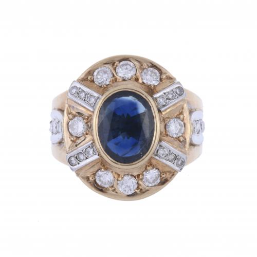 SORTIJA ROSETÓN CON ZAFIRO Y DIAMANTES.