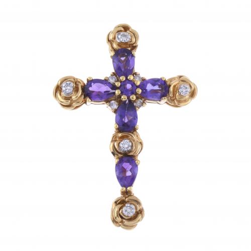 COLGANTE CRUZ CON AMATISTAS Y DIAMANTES.