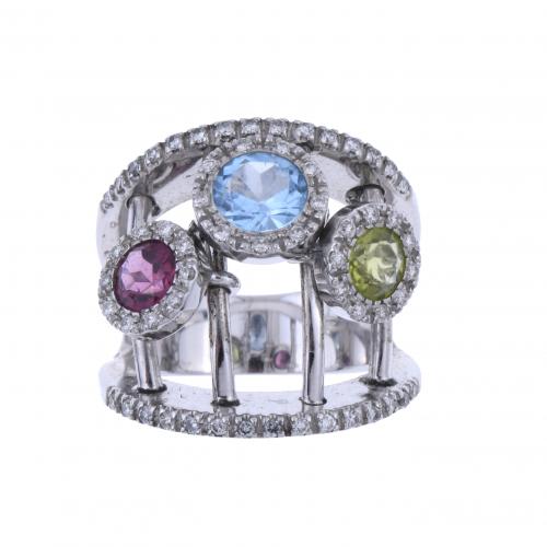 SORTIJA CON DIAMANTES Y PERIDOTOS MULTICOLOR.