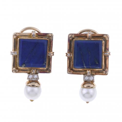 EARRINGS WITH LAPIS LAZULI AND PEARL.