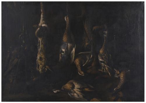 JOSÉ MARÍA RODRÍGUEZ DE LOSADA (1826-1896). "STILL LIFE WITH BIRDS AND RABBIT". 