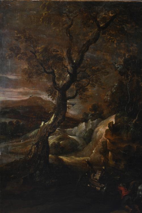 18TH/19TH FLEMISH SCHOOL. "LANDSCAPE WITH STONE CARRIERS".