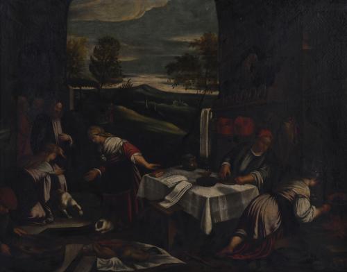 SPANISH OR VENETIAN SCHOOL, 17TH CENTURY. FOLLOWER OF THE BASSANO'S. "CHRIST IN THE HOUSE OF MARTHA, MARY AND LAZARUS".