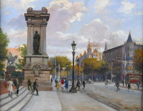 JOSEP MESTRES CABANES (1898-1990). "PLAZA CATALUNYA CON PASEO DE GRACIA", 1942.