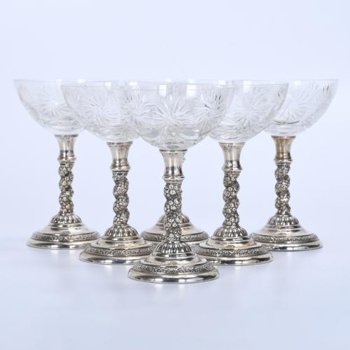 SET OF SIX SPANISH CAVA GOBLETS IN SILVER, MID 20TH CENTURY.
