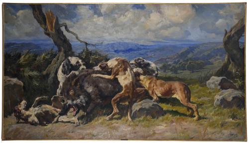 JOSEP SERRASANTA (1916-1998). "PACK ATTACKING A WILD BOAR",