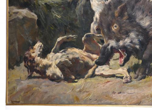JOSEP SERRASANTA (1916-1998). "PACK ATTACKING A WILD BOAR",