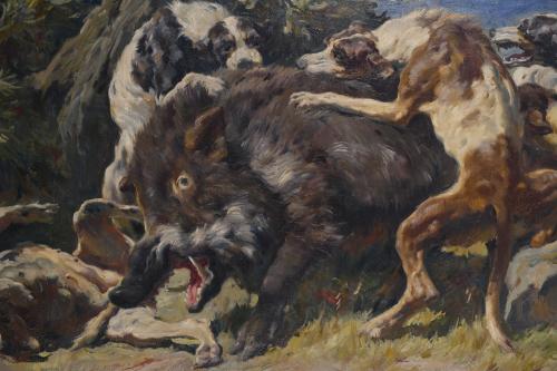 JOSEP SERRASANTA (1916-1998). "PACK ATTACKING A WILD BOAR",