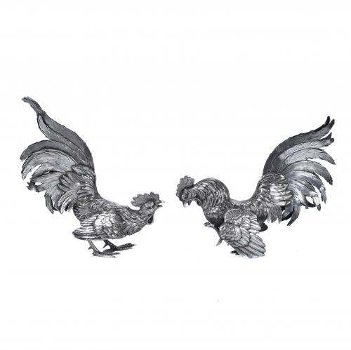 TWO SPANISH SILVER ROOSTERS, MID 20TH CENTURY.