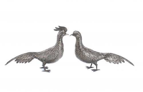 TWO LARGE SPANISH PHEASANTS IN SILVER, MID 20TH CENTURY.