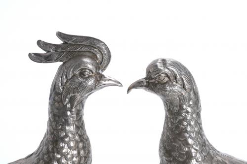 TWO LARGE SPANISH PHEASANTS IN SILVER, MID 20TH CENTURY.