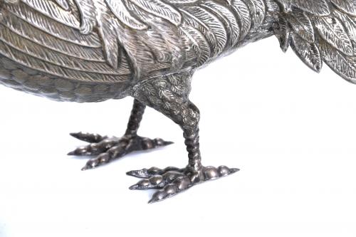 TWO LARGE SPANISH PHEASANTS IN SILVER, MID 20TH CENTURY.