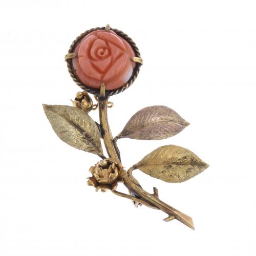 CORAL FLORAL BROOCH.