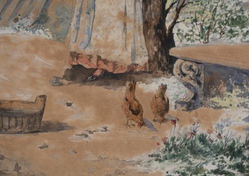 ESCUELA ESPAÑOLA, SIGLO XIX. "JOVEN Y GALLINAS", 1885.