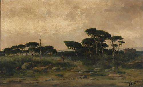 RICARDO MANZANET (1853-1939). "LANDSCAPE WITH A COUNTRY WOM