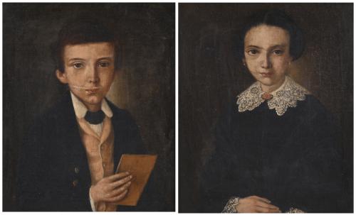 MID 19TH CENTURY, SPANISH SCHOOL. "PAIR OF PORTRAITS OF TWO YOUNG PEOPLE".