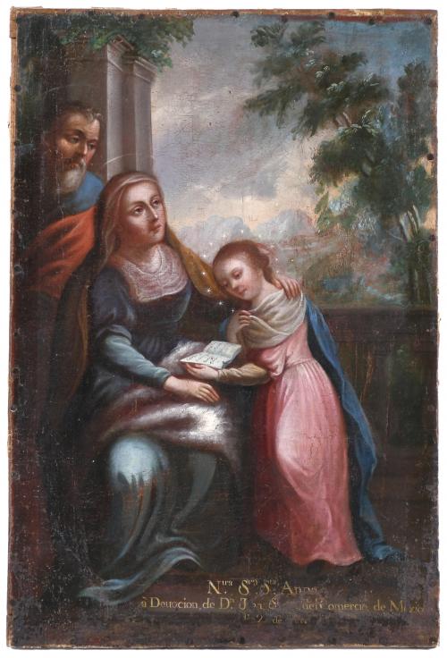 19TH CENTURY, SPANISH SCHOOL. "SAINT ANNE AND SAINT JOACHIM TEACHING MADONNA TO READ".