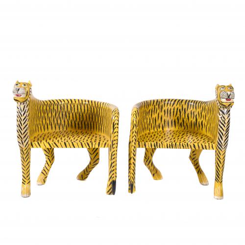 PAIR OF "TIGER BENCH" ARMCHAIRS, 20TH CENTURY.