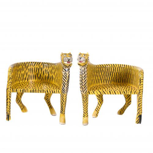 PAIR OF "TIGER BENCH" ARMCHAIRS, 20TH CENTURY.