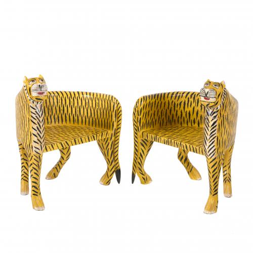 PAIR OF "TIGER BENCH" ARMCHAIRS, 20TH CENTURY.