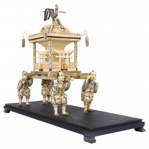 CHINESE BONE CARVING, "CEREMONIAL GAIT WITH PAGODA", 20TH C
